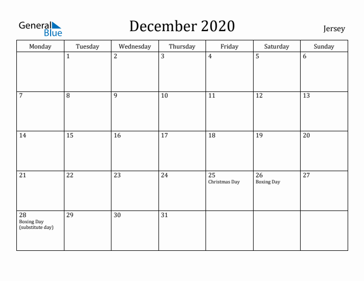 December 2020 Calendar Jersey