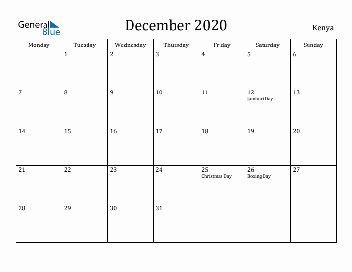 December 2020 Calendar Kenya