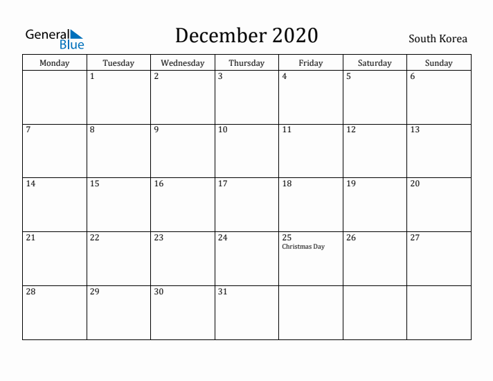 December 2020 Calendar South Korea