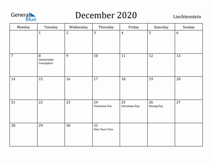 December 2020 Calendar Liechtenstein