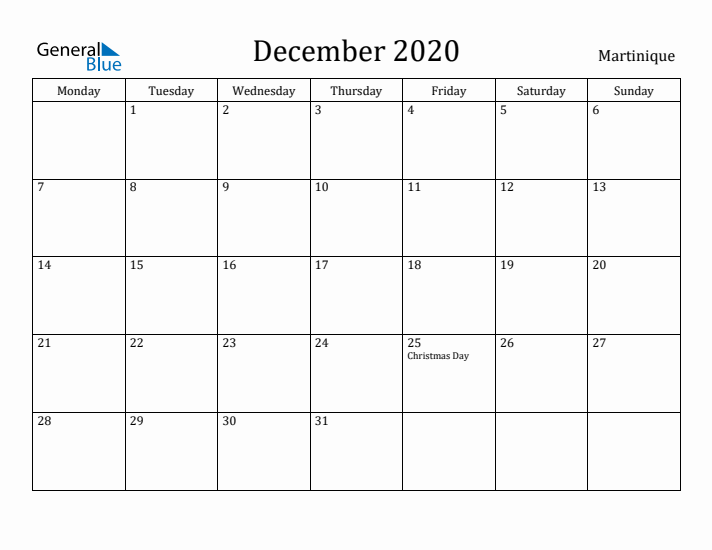 December 2020 Calendar Martinique