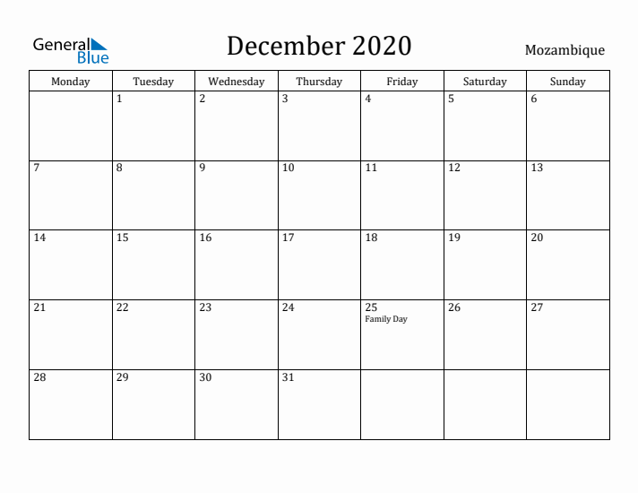 December 2020 Calendar Mozambique