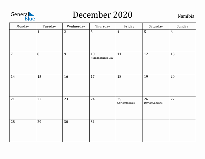 December 2020 Calendar Namibia