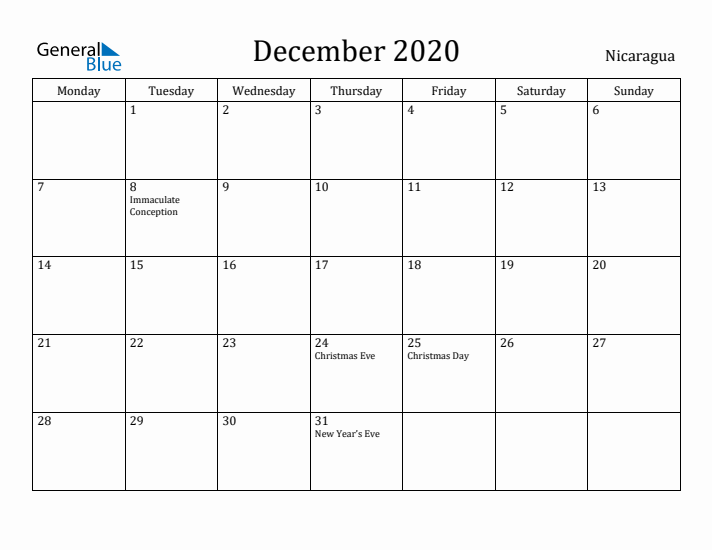 December 2020 Calendar Nicaragua
