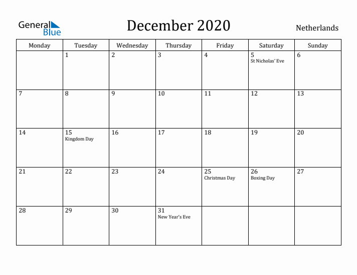December 2020 Calendar The Netherlands