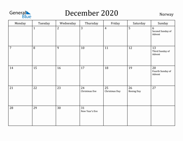 December 2020 Calendar Norway