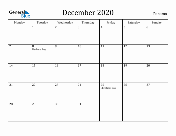 December 2020 Calendar Panama
