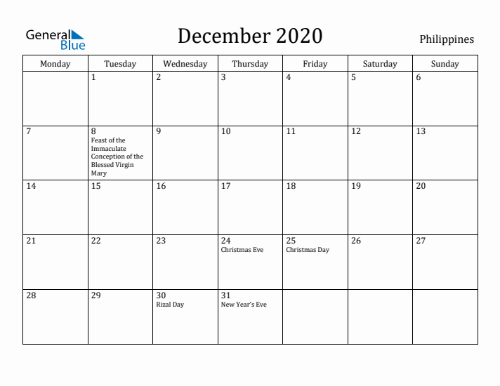 December 2020 Calendar Philippines