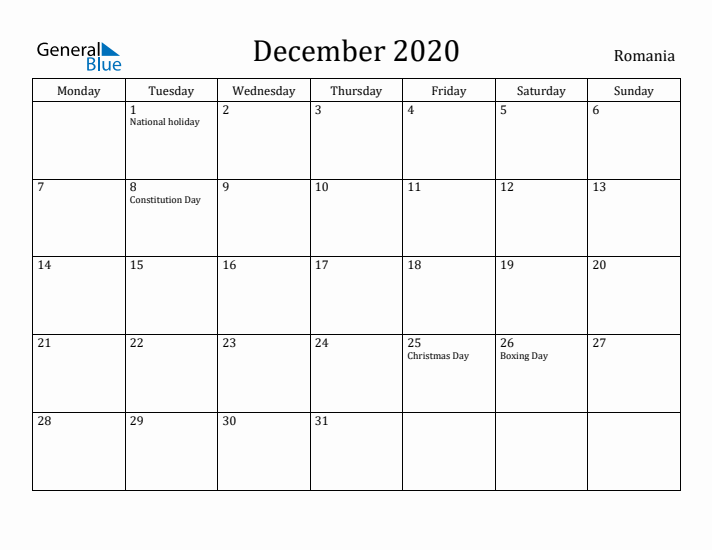December 2020 Calendar Romania