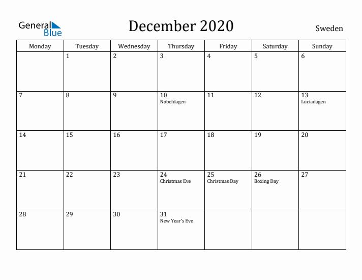 December 2020 Calendar Sweden