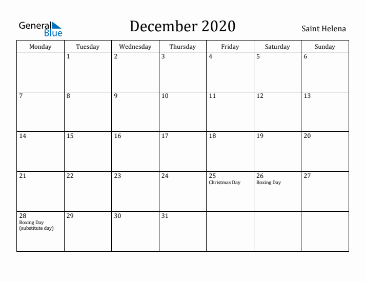 December 2020 Calendar Saint Helena