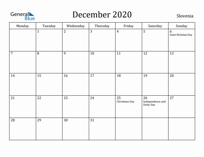 December 2020 Calendar Slovenia