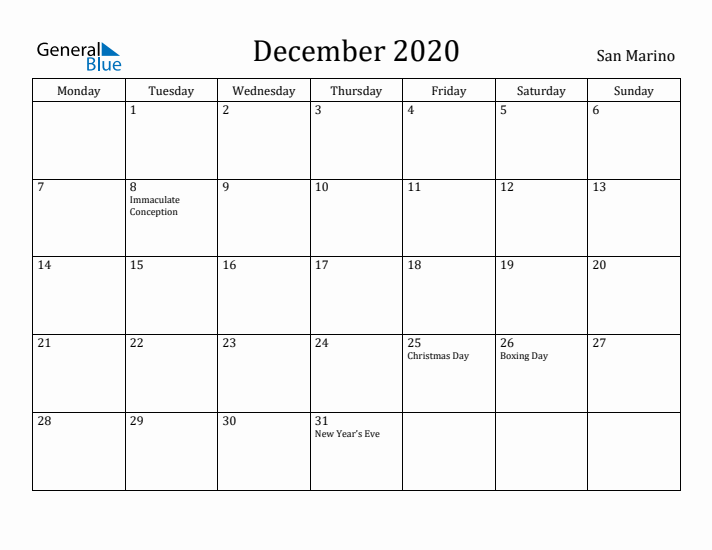 December 2020 Calendar San Marino