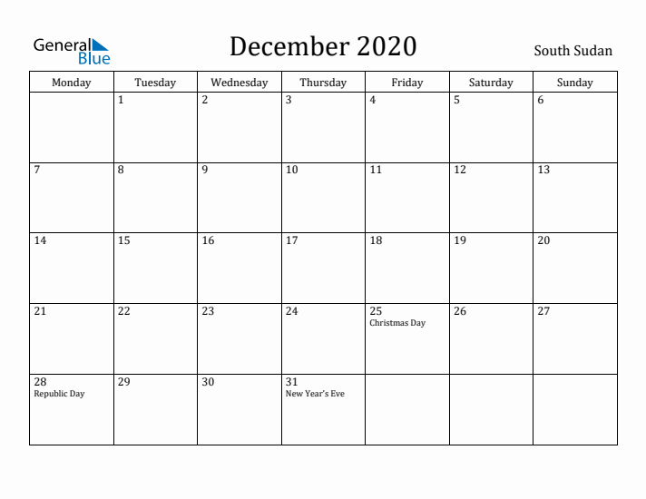 December 2020 Calendar South Sudan