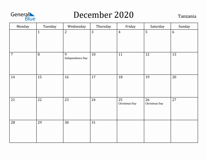 December 2020 Calendar Tanzania