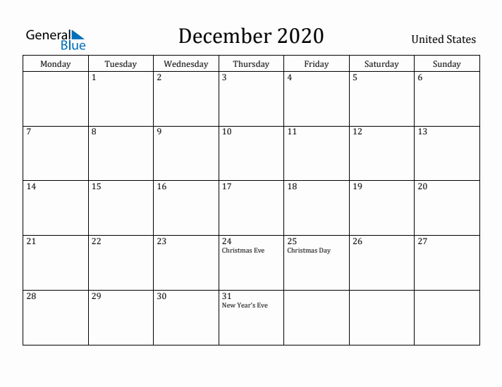 December 2020 Calendar United States