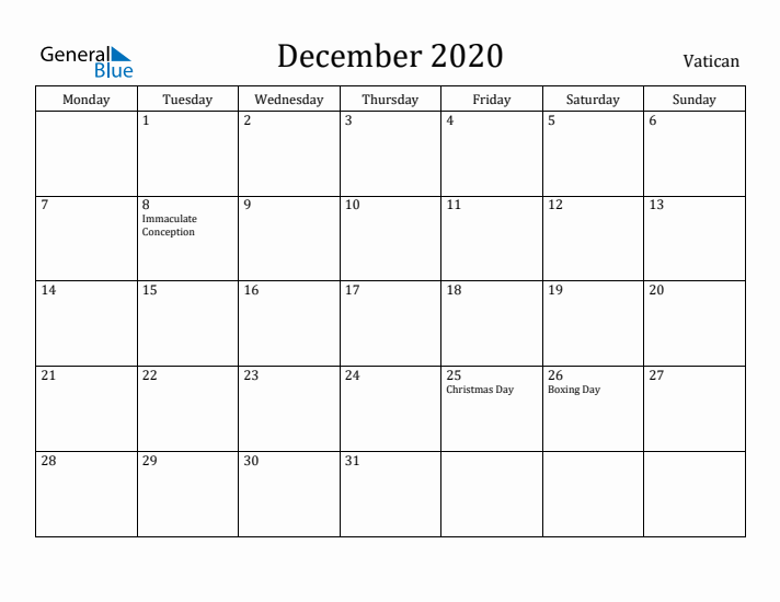 December 2020 Calendar Vatican