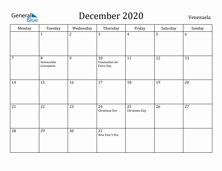 December 2020 Calendar Venezuela