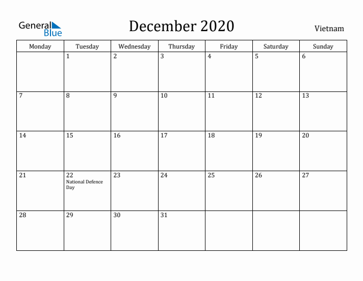 December 2020 Calendar Vietnam