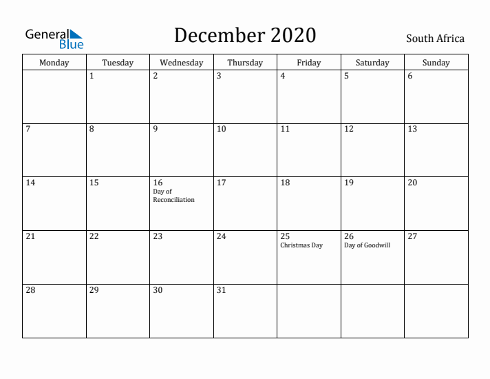 December 2020 Calendar South Africa