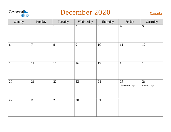 December 2020 Holiday Calendar