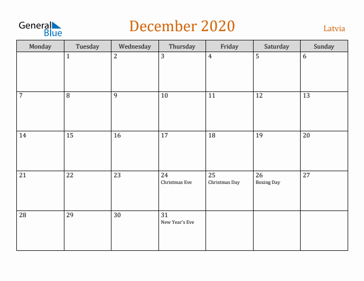 December 2020 Holiday Calendar with Monday Start