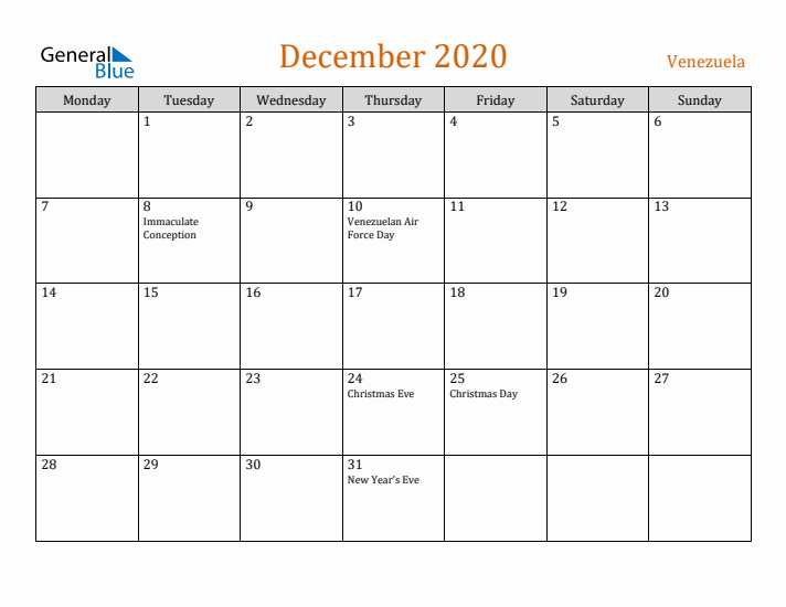 December 2020 Holiday Calendar with Monday Start