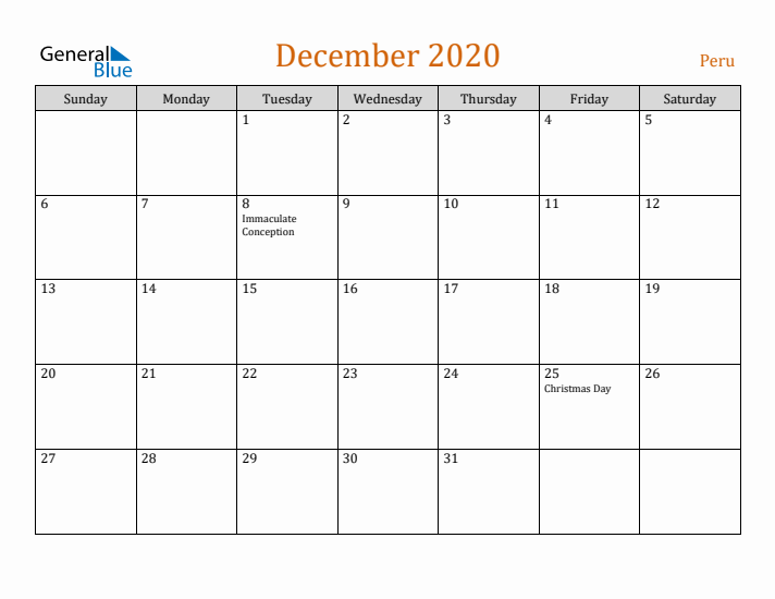 December 2020 Holiday Calendar with Sunday Start