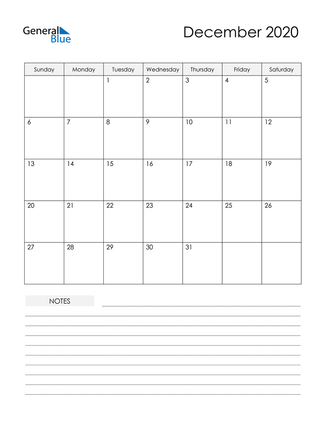  Printable Calendar with Notes - December 2020