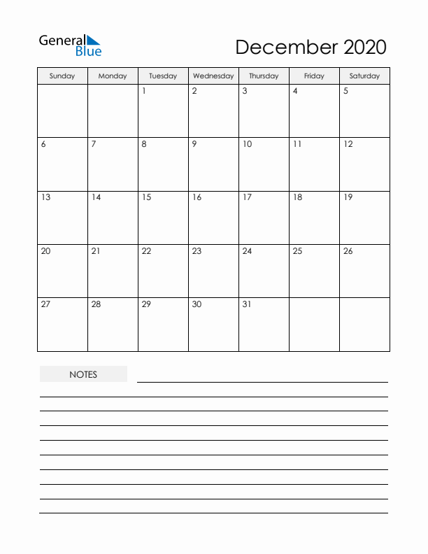Printable Calendar with Notes - December 2020 