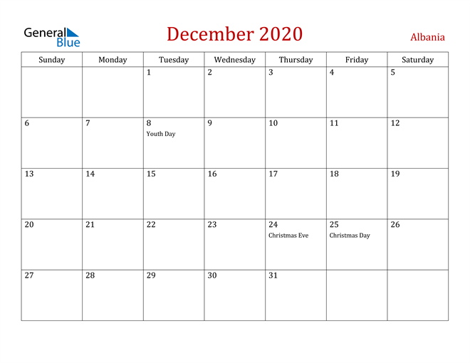 Albania December 2020 Calendar