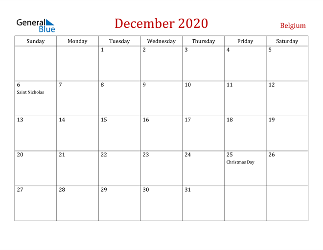Belgium December 2020 Calendar