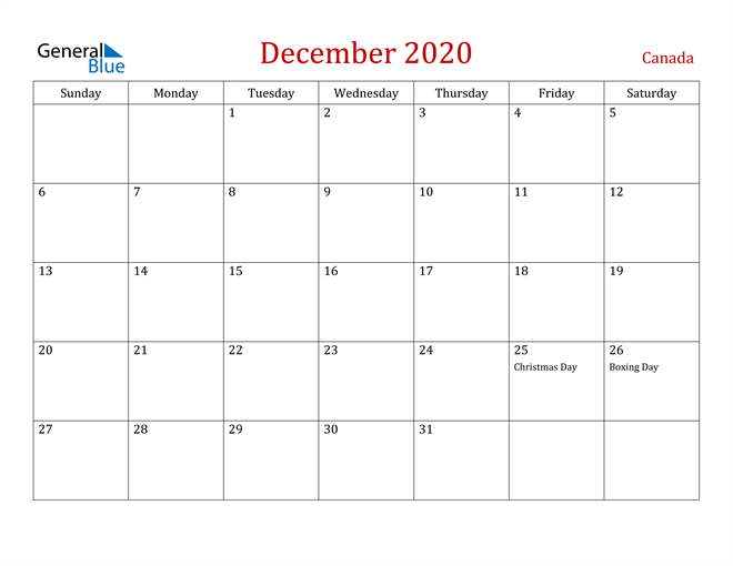 Canada December 2020 Calendar
