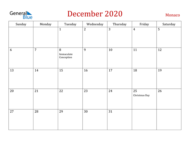 Monaco December 2020 Calendar