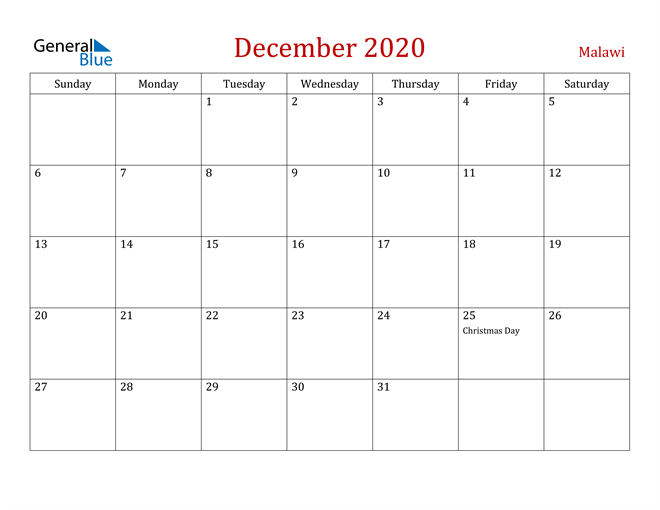 Malawi December 2020 Calendar