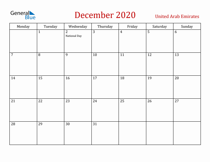 United Arab Emirates December 2020 Calendar - Monday Start
