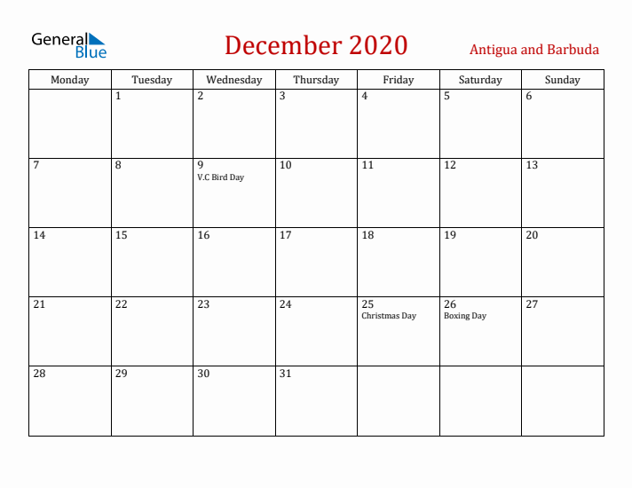 Antigua and Barbuda December 2020 Calendar - Monday Start