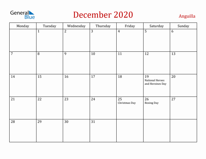 Anguilla December 2020 Calendar - Monday Start