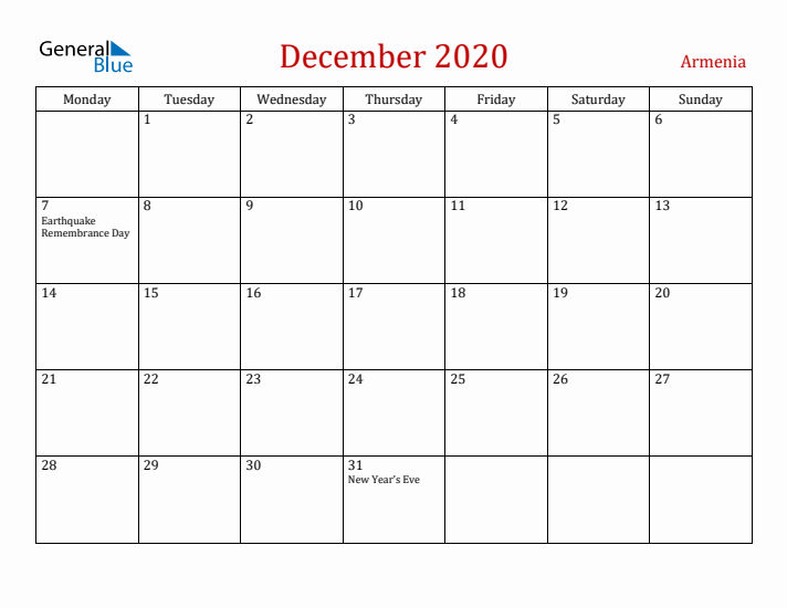 Armenia December 2020 Calendar - Monday Start