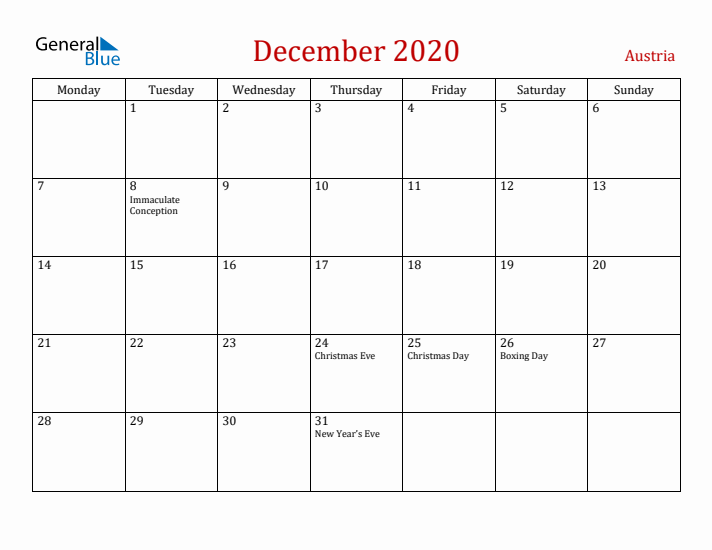 Austria December 2020 Calendar - Monday Start