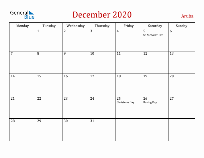 Aruba December 2020 Calendar - Monday Start