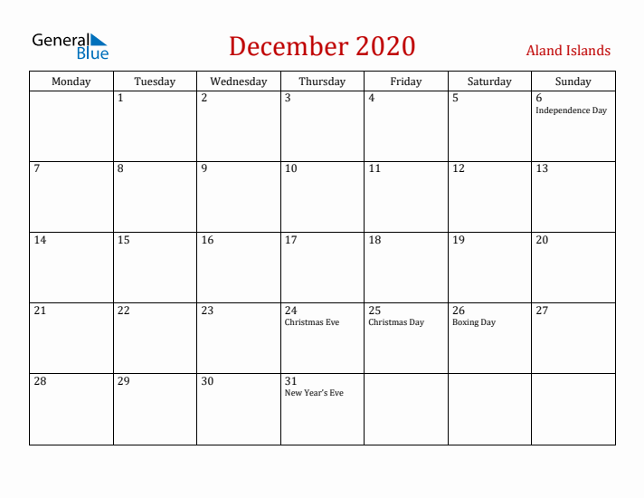 Aland Islands December 2020 Calendar - Monday Start
