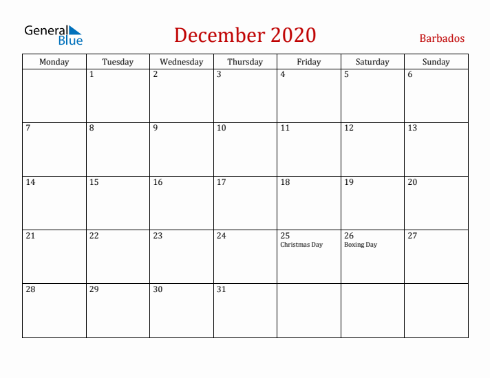 Barbados December 2020 Calendar - Monday Start