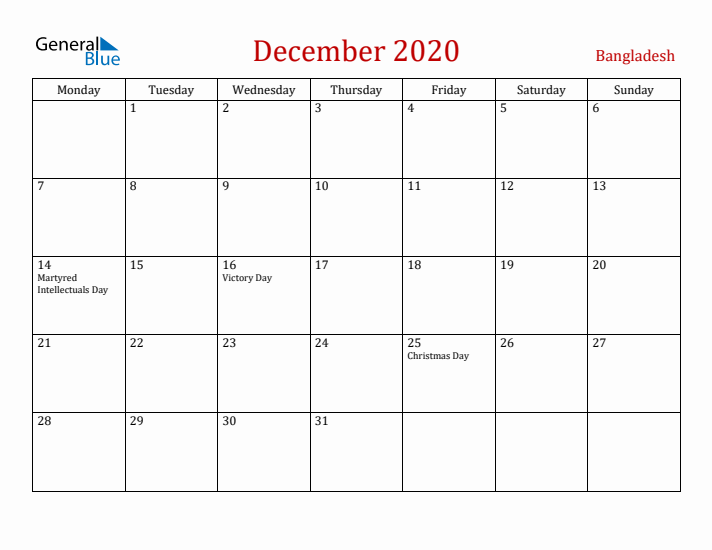 Bangladesh December 2020 Calendar - Monday Start