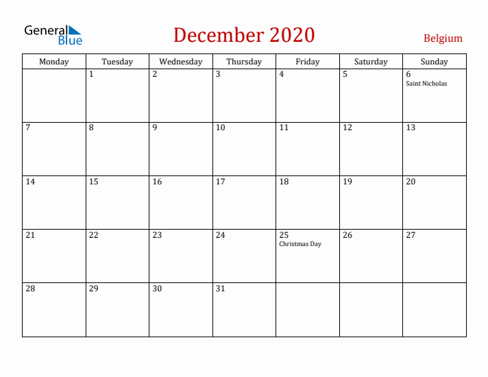 Belgium December 2020 Calendar - Monday Start