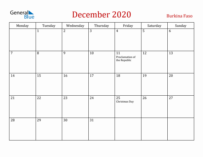 Burkina Faso December 2020 Calendar - Monday Start