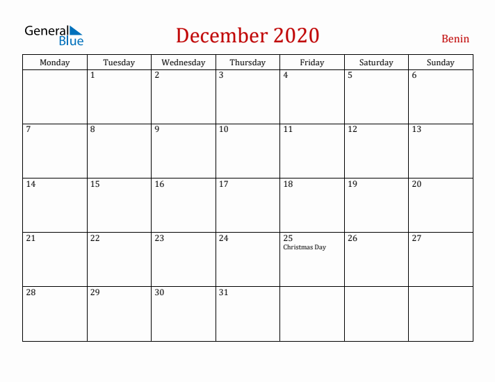 Benin December 2020 Calendar - Monday Start