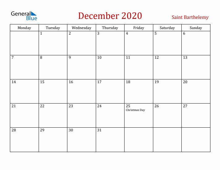 Saint Barthelemy December 2020 Calendar - Monday Start
