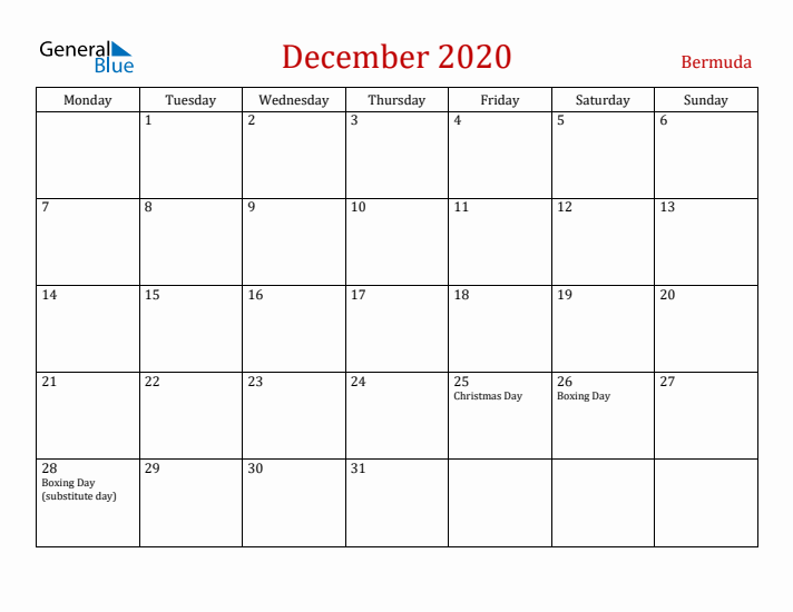 Bermuda December 2020 Calendar - Monday Start