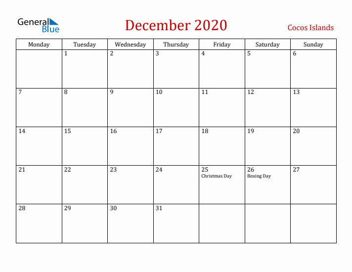 Cocos Islands December 2020 Calendar - Monday Start